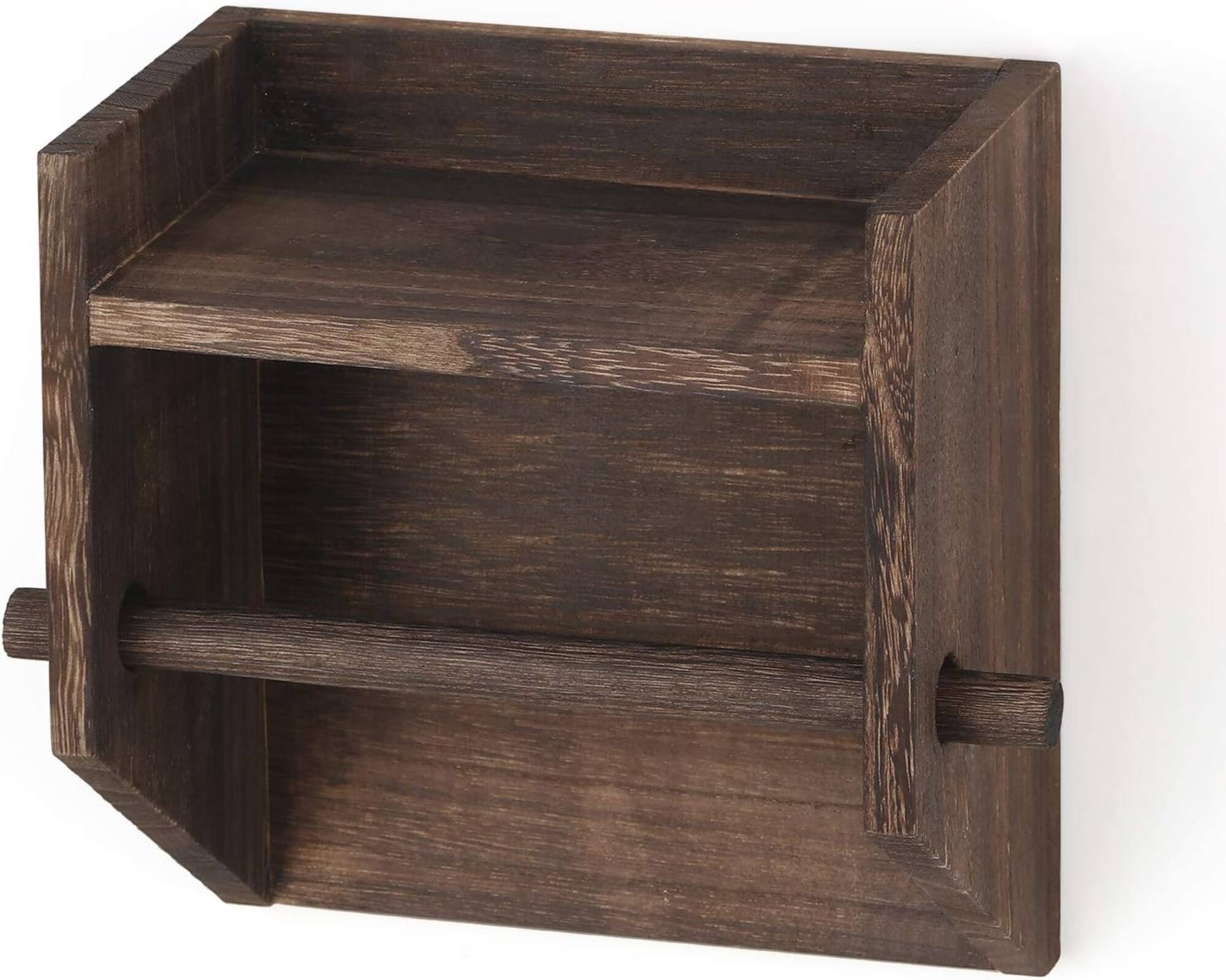 Rustic Brown Wood Toilet Paper Holder Wall Mount with Shelf